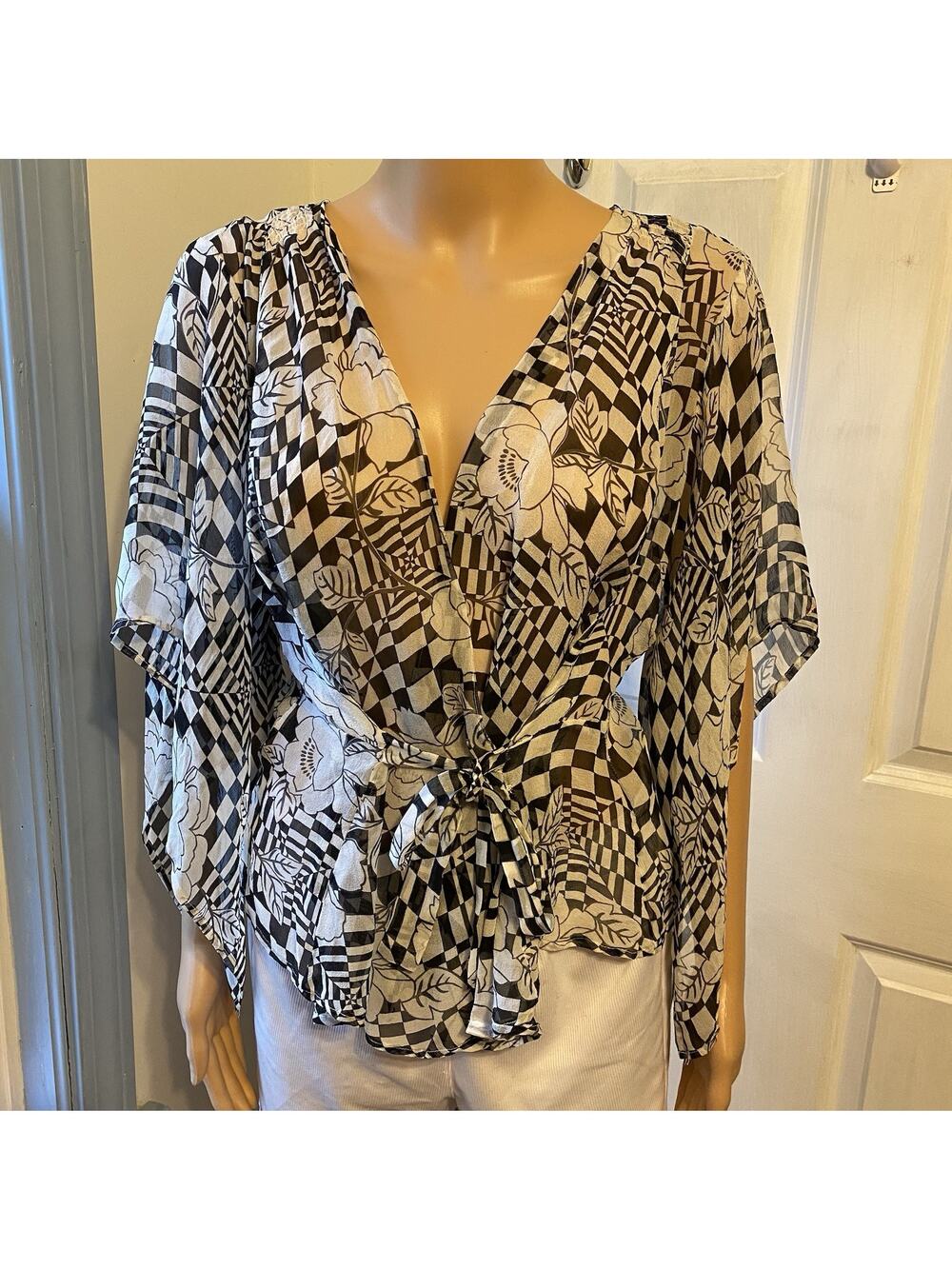 Vintage Edward Silk Kimono Wrap Top Blouse Black White Floral Fairy Goth Women L